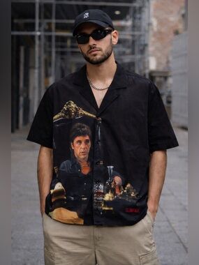 Scarface Tony Montana Button Up Shirt Reason Clothing Size L Black Graphic